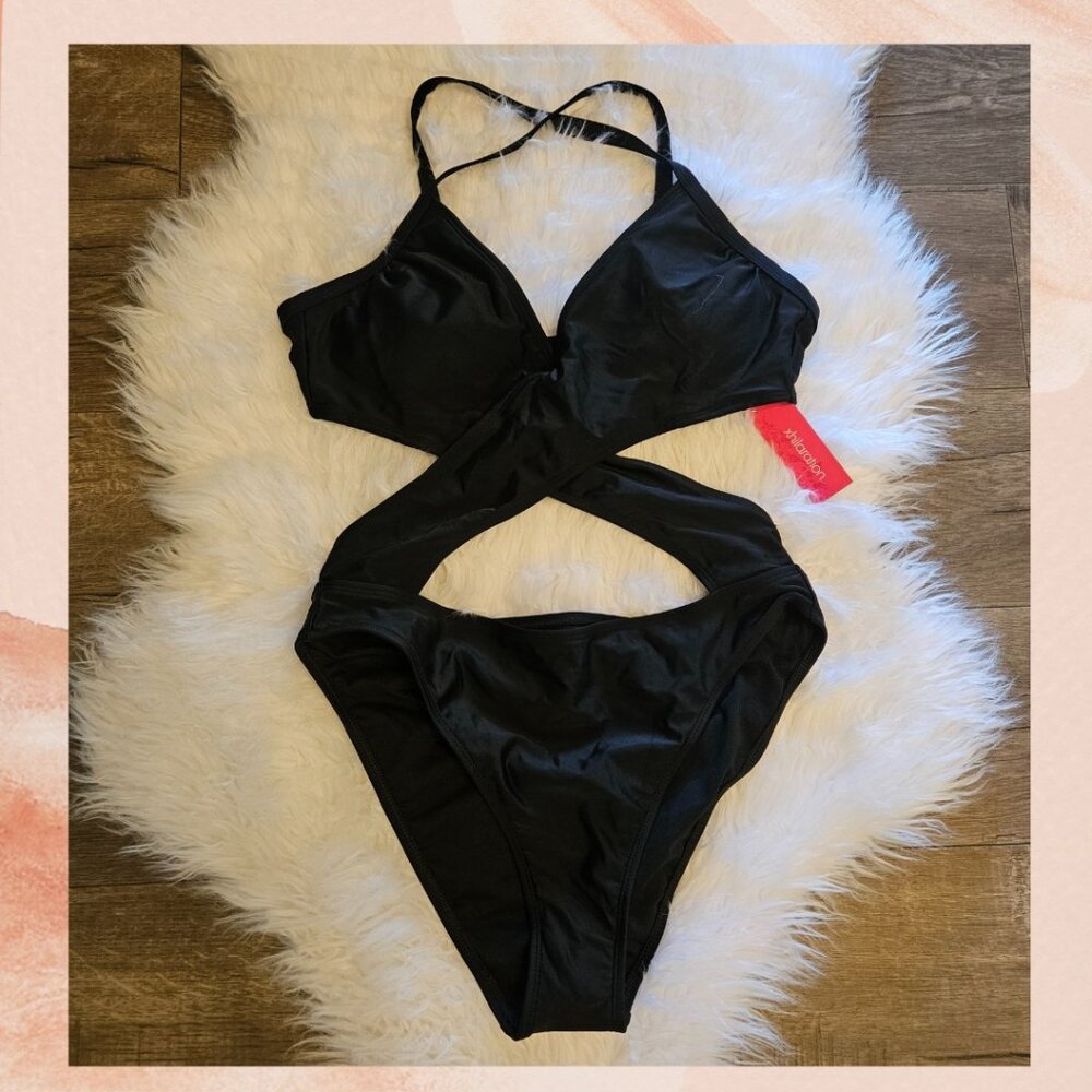 Xhilaration Black Cross-Front One Piece Cut-Out Swimsuit